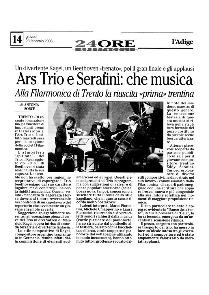 Ars Trio e Serafini: che musica – l’Adige – 23/02/2006