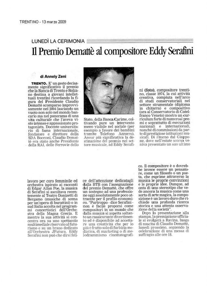 Il Premio Demattè per il compositore Eddy Serafini – Trentino – 13/03/2009