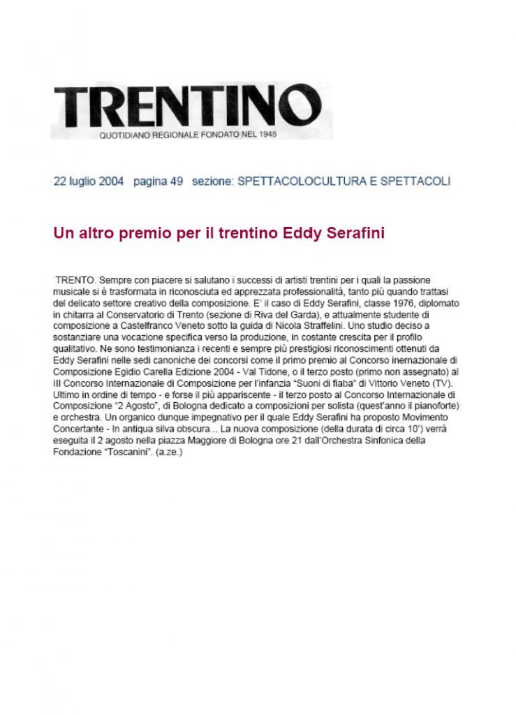 Un altro premio per il compositore Eddy Serafini – Trentino – 22/07/2004